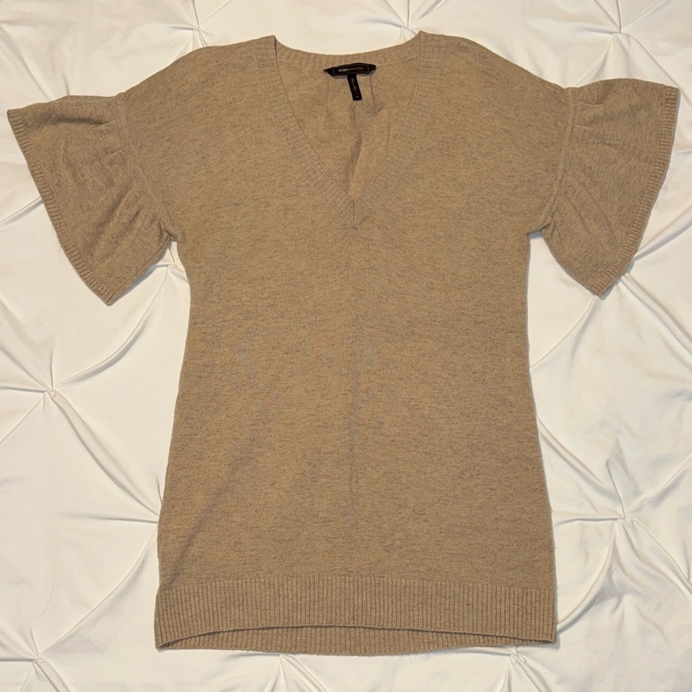BCBGMaxAzria Tan Lambswool Flutter Sleeve Sweater